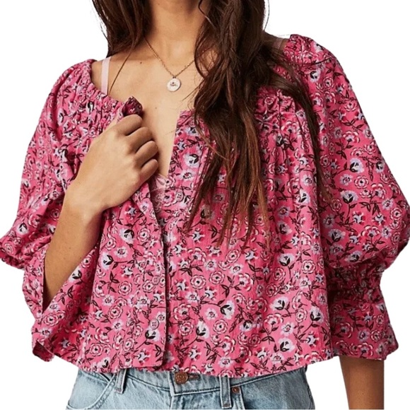 Free People Tops - Free People Women's James Smock Pink Floral Quarter Sleeve Cropped Button Blouse